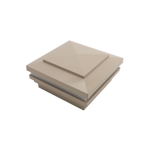 4" Sq. Cape May Halo Low Voltage LED Lighted Vinyl Post Cap for Vinyl Fence and Railing (Warm White) Khaki